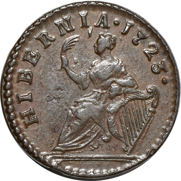 1722 Hibernia half-penny VF, 1723 Hibernia farthing XF, and a 1783 Washington portrait Draped Bust, No Buttons VF