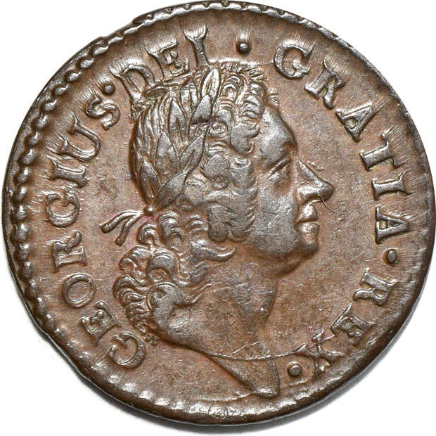 1722 Hibernia half-penny VF, 1723 Hibernia farthing XF, and a 1783 Washington portrait Draped Bust, No Buttons VF