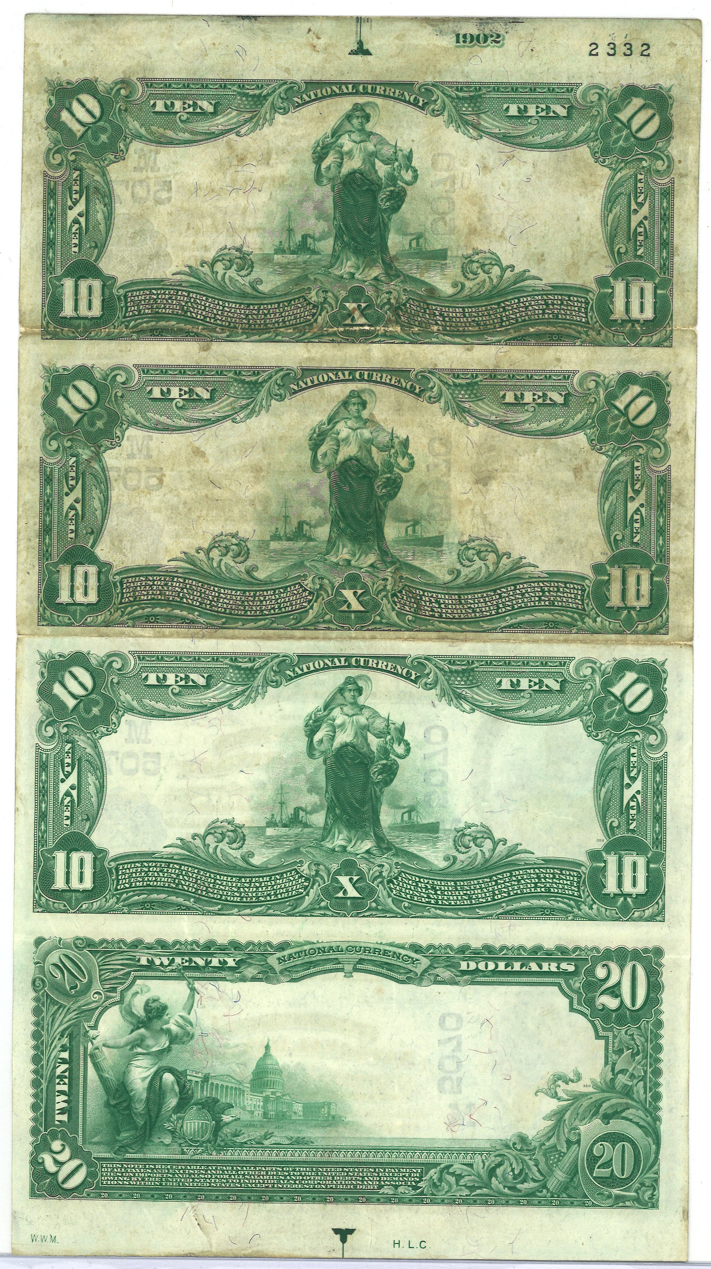 Uncut sheet of serial number 1 1902 Blue Seals - East St. Louis, IL Charter #5070.  Three $10 and one $20. 