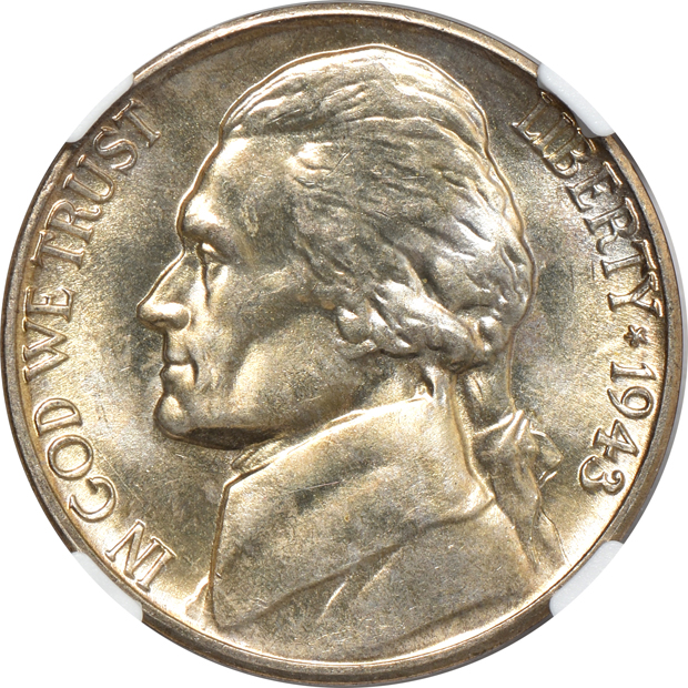 1921-S Buffalo nickel Obverse Lamination F-12, and a 1943-D Jefferson nickel Reverse Struck Thru MS-66 6FS, both NGC