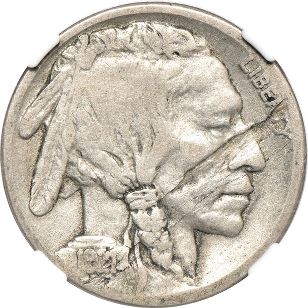 1921-S Buffalo nickel Obverse Lamination F-12, and a 1943-D Jefferson nickel Reverse Struck Thru MS-66 6FS, both NGC