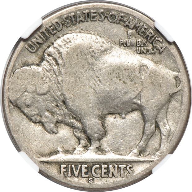 1921-S Buffalo nickel Obverse Lamination F-12, and a 1943-D Jefferson nickel Reverse Struck Thru MS-66 6FS, both NGC