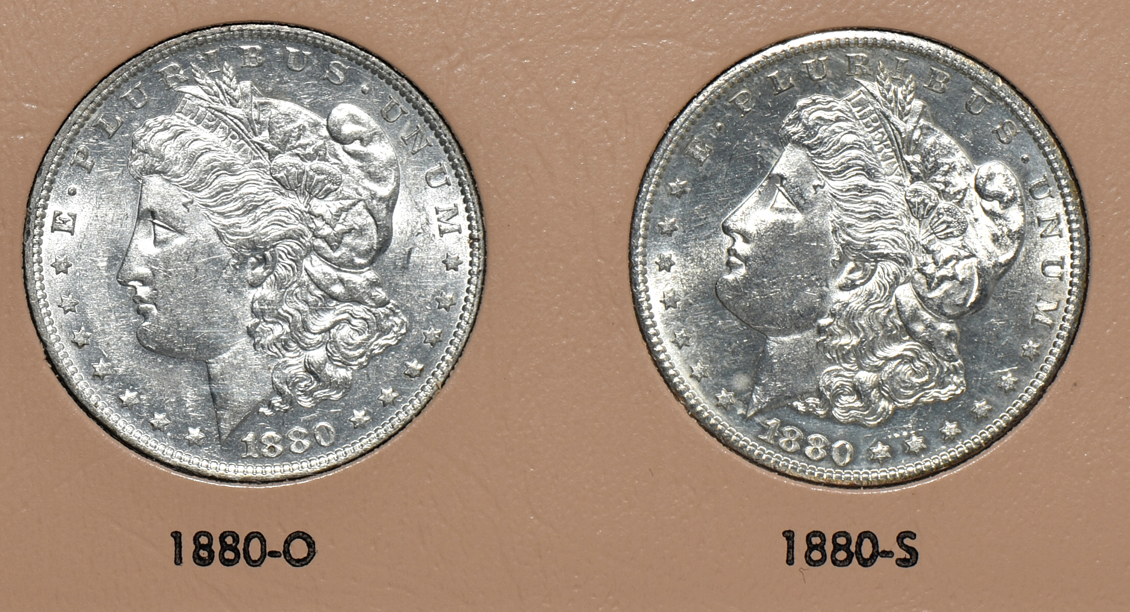 Seventeen different Morgan silver dollars in a Dansco 7173 album