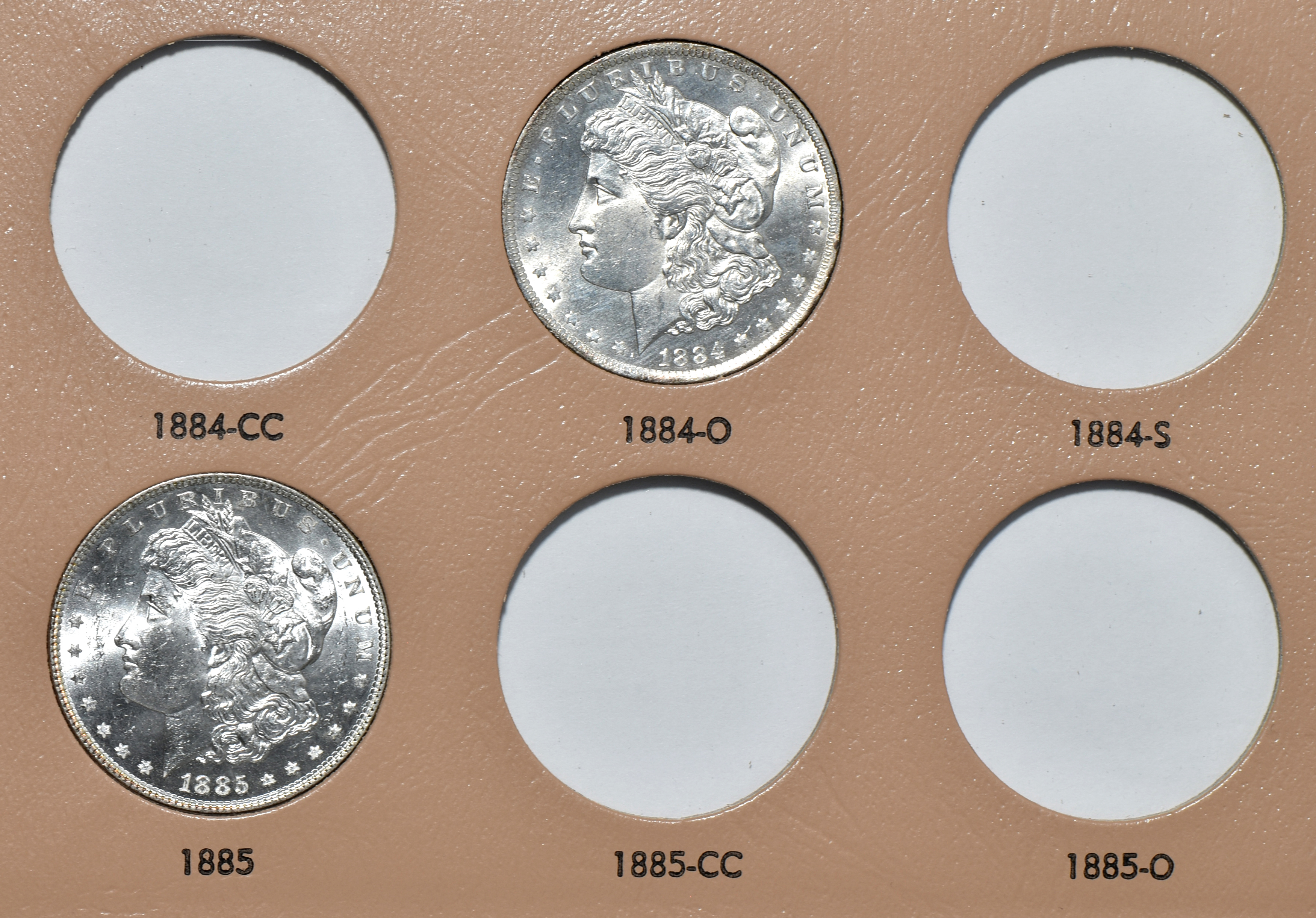 Seventeen different Morgan silver dollars in a Dansco 7173 album