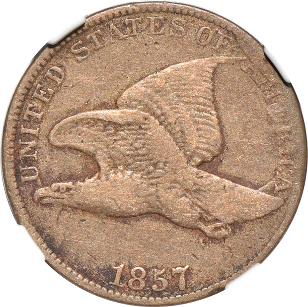 1857 Flying Eagle clashed with quarter MS-61, 1857 Flying Eagle clashed with half-dollar Fine details/cleaned, and an 1857 Flying Eagle closed with double eagle VF-20, all NGC