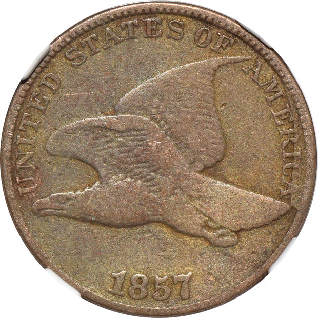 1857 Flying Eagle clashed with quarter MS-61, 1857 Flying Eagle clashed with half-dollar Fine details/cleaned, and an 1857 Flying Eagle closed with double eagle VF-20, all NGC