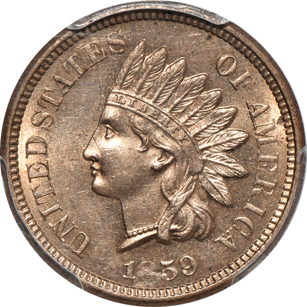 1857 Flying Eagle cent NGC AU-55, 1858 Flying Eagle cent NGC AU-58, and an 1859 Indian cent PCGS MS-62