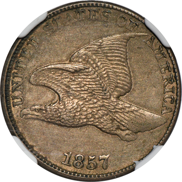 1857 Flying Eagle cent NGC AU-55, 1858 Flying Eagle cent NGC AU-58, and an 1859 Indian cent PCGS MS-62