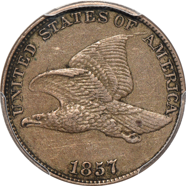 1857 Flying Eagle DDO FS-101 S-4 AU-55, 1857 Flying Eagle DDO FS-102 S-15 AU-58, and an 1857 Flying Eagle DDO FS-105 S-2 XF-45, all PCGS