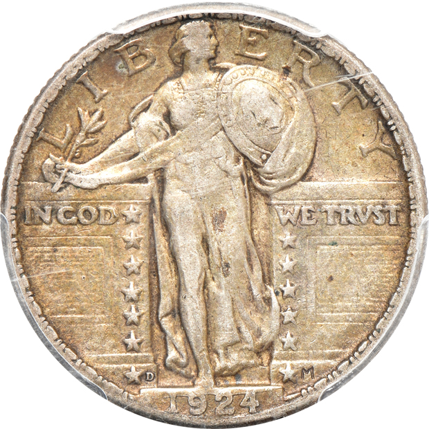 1920-D Walking Liberty half-dollar VF-30, and a 1924-D Standing Liberty quarter VF-35, both PCGS