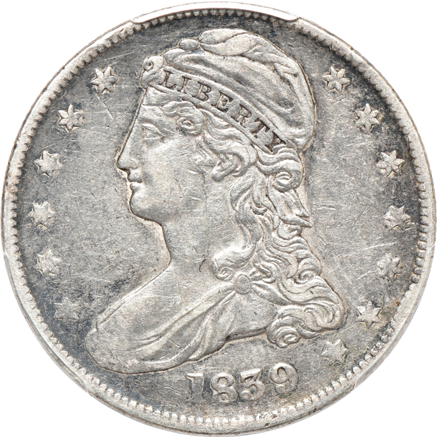 1838 Reeded Edge GR-15 RE, Capped, Large Letters F-15, and an 1839 GR-5 RE, Capped, Large Letters XF-40, both PCGS