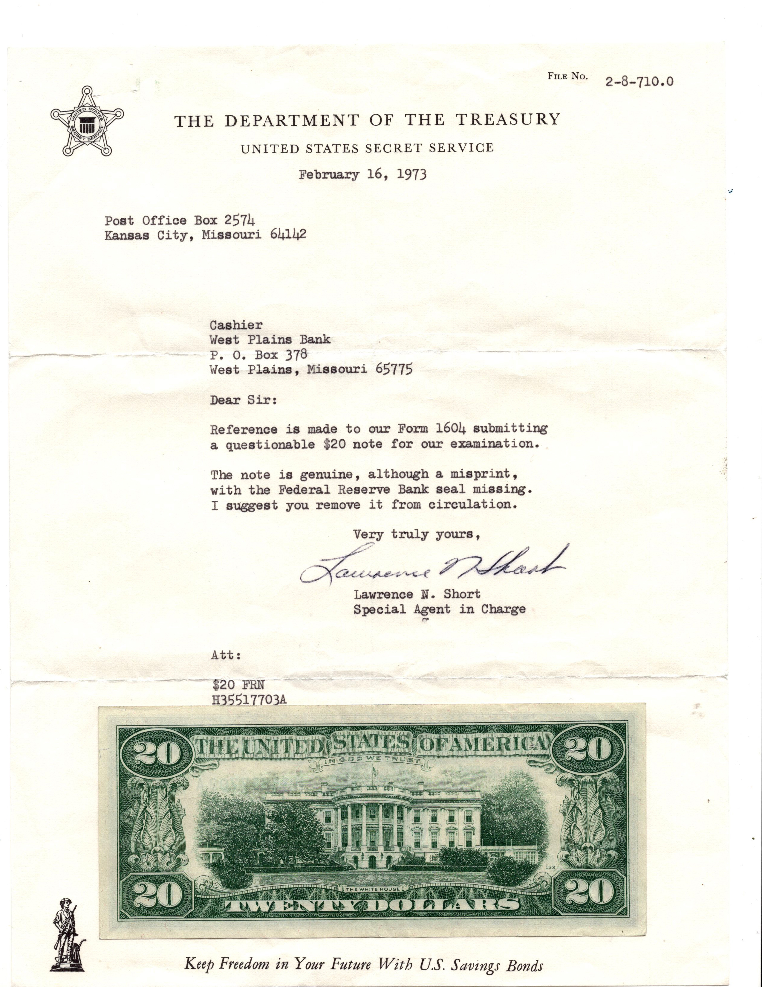 Error Currency - 1969-B $20 Fr# 2069-H Missing District Seal - XF - includes letter from The Department of the Treasury