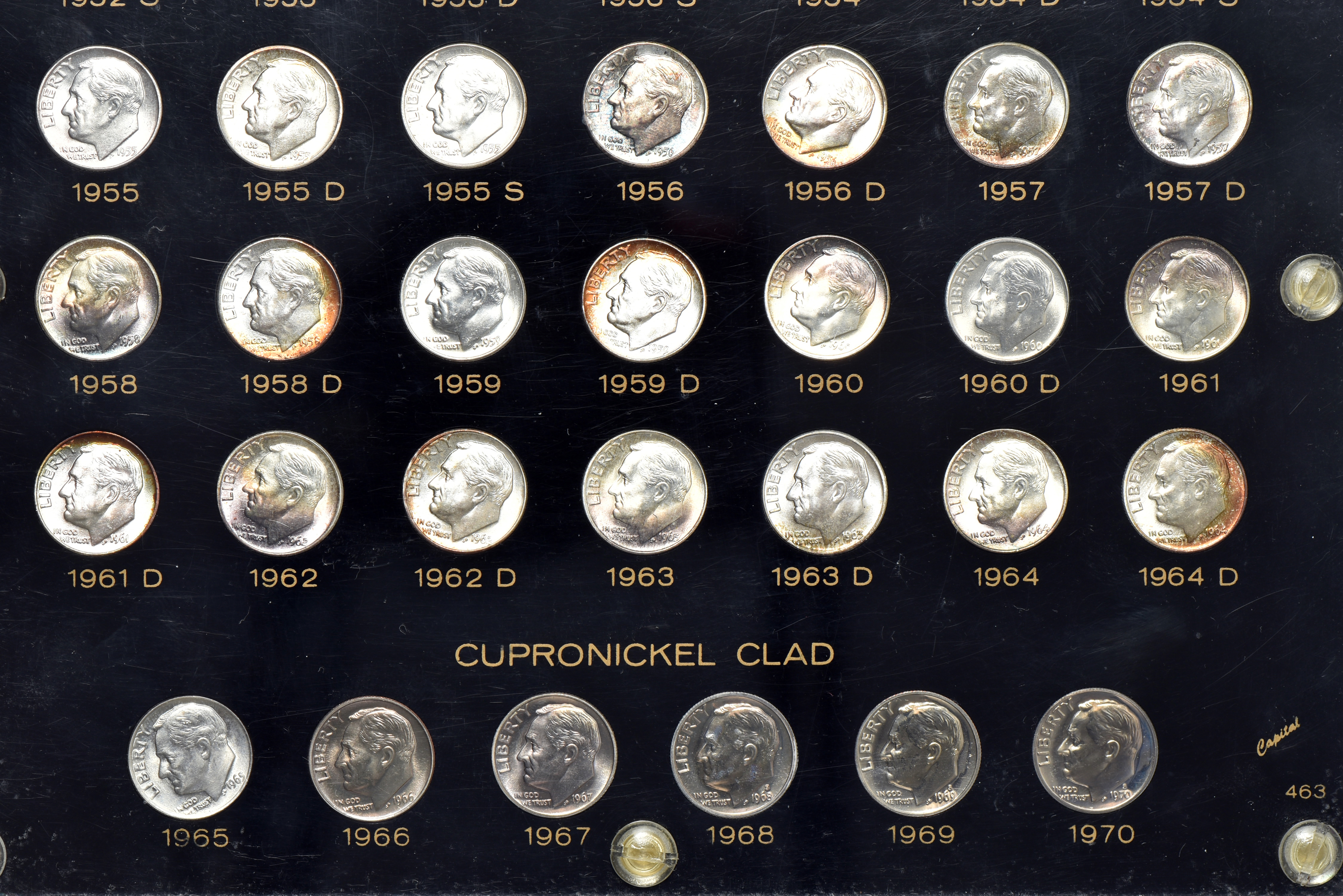 Complete collection of Roosevelt dimes from 1946 through 1970 in a Capital Plastics holder