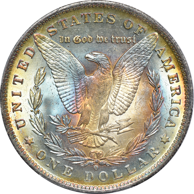 1884-O Morgan silver dollar MS-64+, 1903-O Morgan silver dollar MS-64, and a 1928 Oregon Trail commemorative half-dollar MS-66, all PCGS