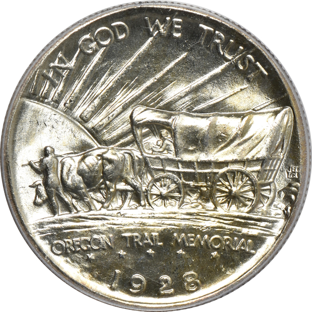 1884-O Morgan silver dollar MS-64+, 1903-O Morgan silver dollar MS-64, and a 1928 Oregon Trail commemorative half-dollar MS-66, all PCGS