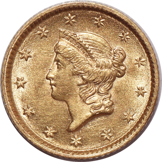 Five AU Type 1 $1 gold pieces