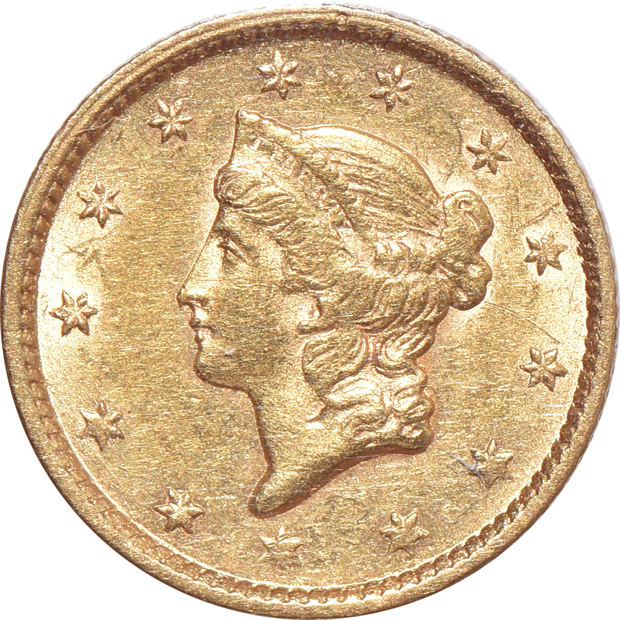 Five AU Type 1 $1 gold pieces