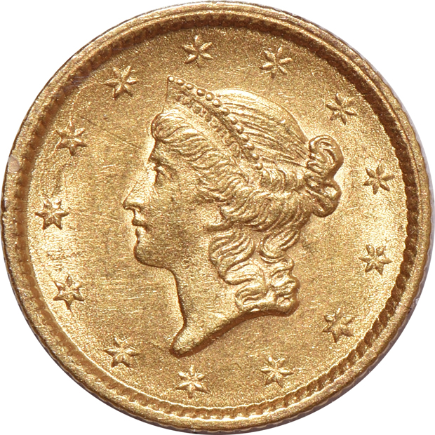 Five AU Type 1 $1 gold pieces