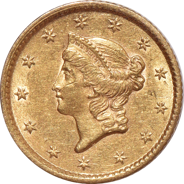 Five AU Type 1 $1 gold pieces