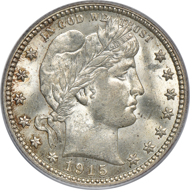 1897 Barber dime NGC MS-63, 1912-D Barber half-dollar PCGS MS-62, and a 1915 Barber quarter PCGS MS-64