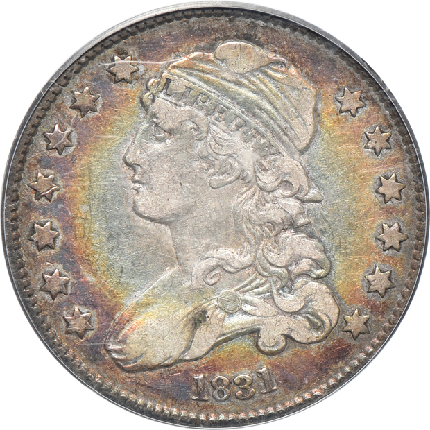 1807 Draped Bust half dollar VF-20 CAC, 1831 Large Letters Capped Bust quarter VF-35 CAC, and an 1858-S XF-40, all PCGS