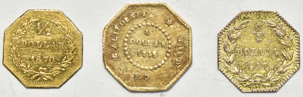 1855/4 $1 Octagonal BG- 511, 1870 half-dollar Octagonal BG-936 bent, and an 1875 half-dollar Octagonal BG-934, all AU details