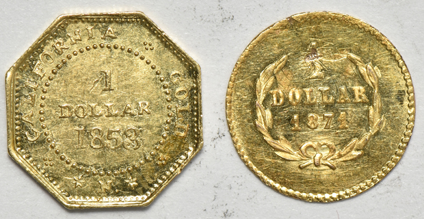 1853 $1 Octagonal BG- 531 AU, and an 1871 $1 Round BG-1011 AU details/reverse gouge/scraped