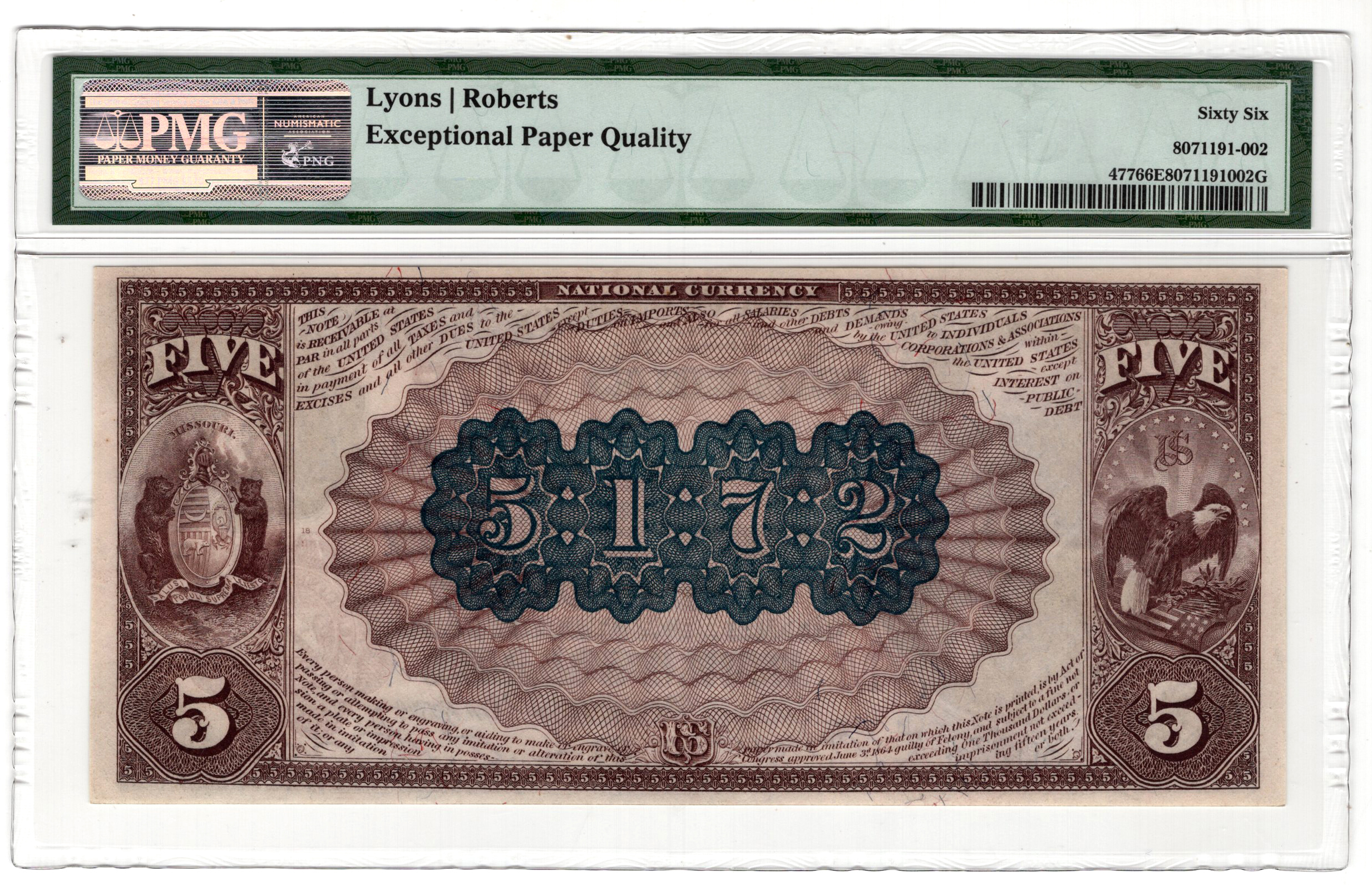 1882 $5 Brown Back - St. Louis, MO Charter #5172 - PMG GemCU-66 EPQ