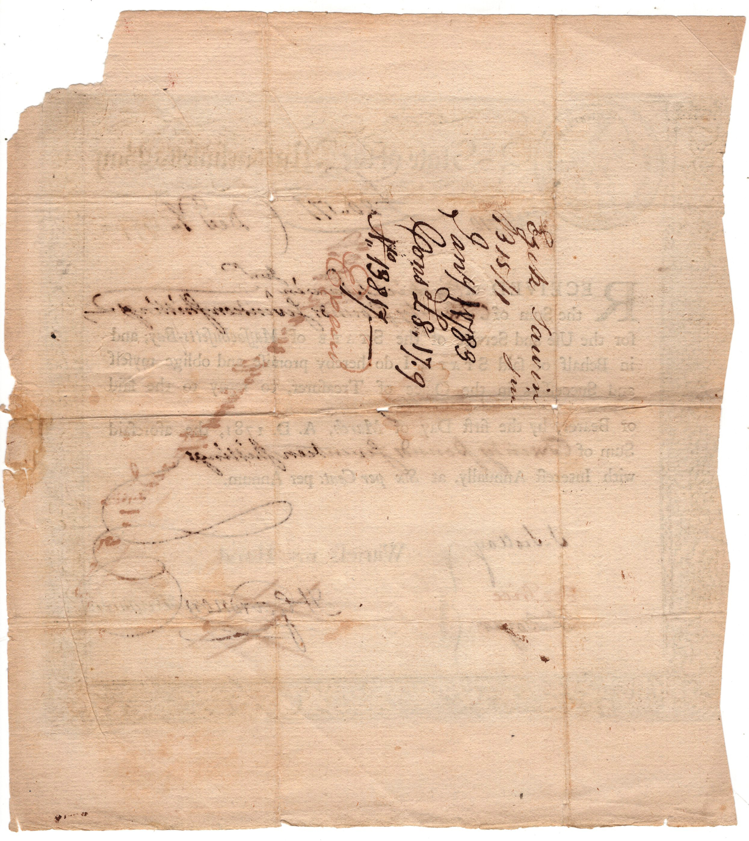 Massachusetts Colonial Receipt, Sword in Hand, December 1777 