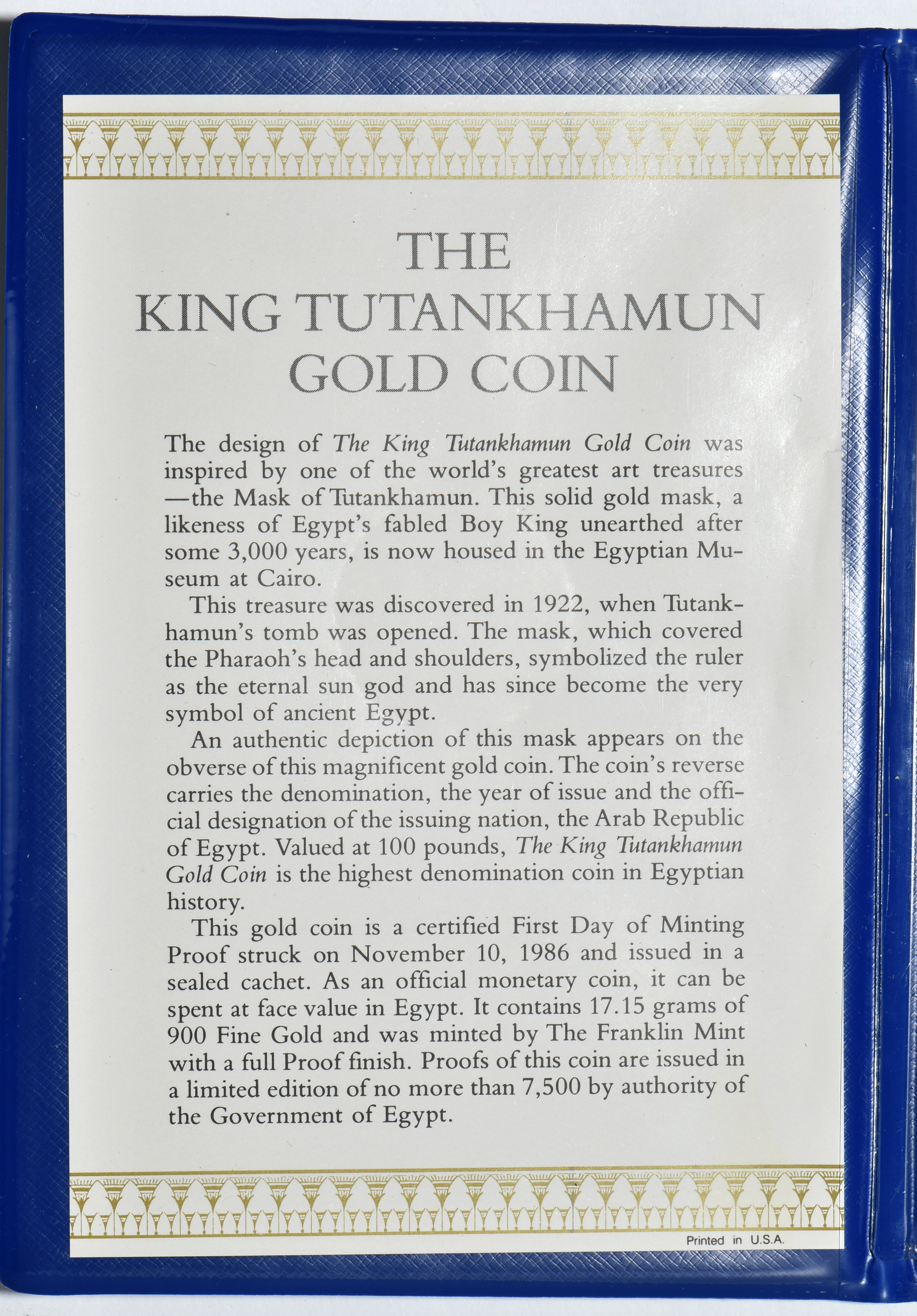 Egypt - 1986 gold 100 pounds KM-591 in original presentation folder
