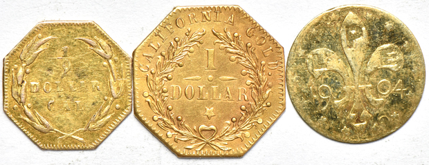 1873 California Fractional octagonal dollar BG-1123, 1874 California Fractional octagonal half-dollar BG-930, and a 1904 Louisiana Purchase half-dollar, all with surface damage