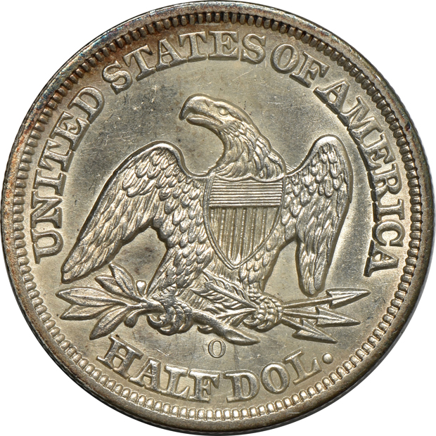 1850-O Seated Liberty half-dollar AU details/cleaned, 1873 w/ arrows Seated Liberty half-dollar AU details/cleaned, and a 1934 Walking Liberty half-dollar UNC