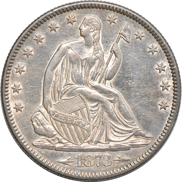 1850-O Seated Liberty half-dollar AU details/cleaned, 1873 w/ arrows Seated Liberty half-dollar AU details/cleaned, and a 1934 Walking Liberty half-dollar UNC