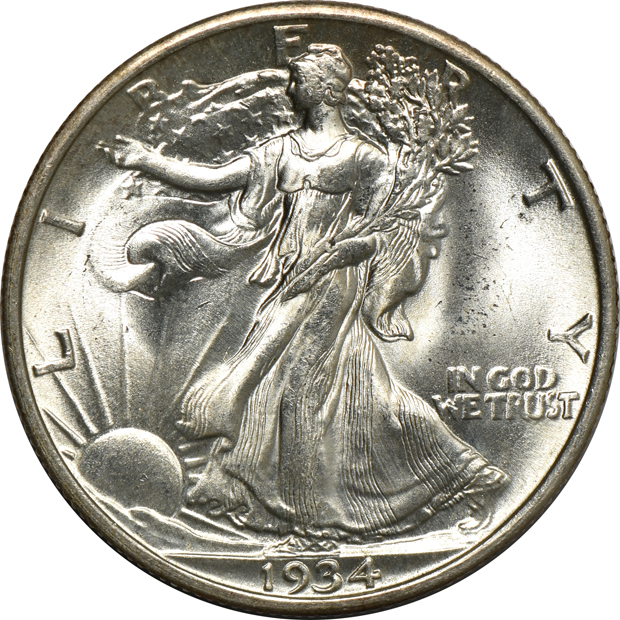 1850-O Seated Liberty half-dollar AU details/cleaned, 1873 w/ arrows Seated Liberty half-dollar AU details/cleaned, and a 1934 Walking Liberty half-dollar UNC
