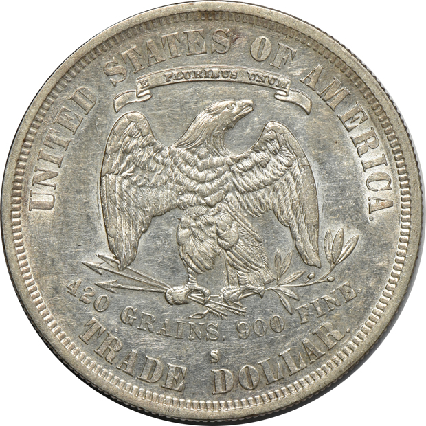 1873 and 1877-S Trade dollars, both AU details/cleaned