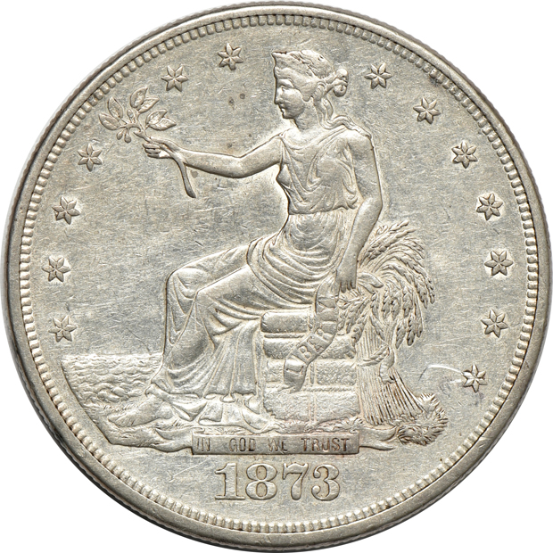 1873 and 1877-S Trade dollars, both AU details/cleaned