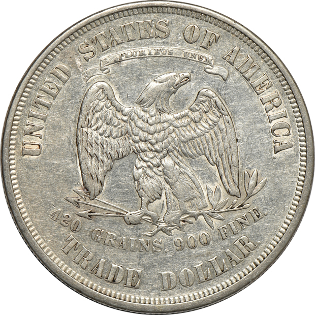 1873 and 1877-S Trade dollars, both AU details/cleaned