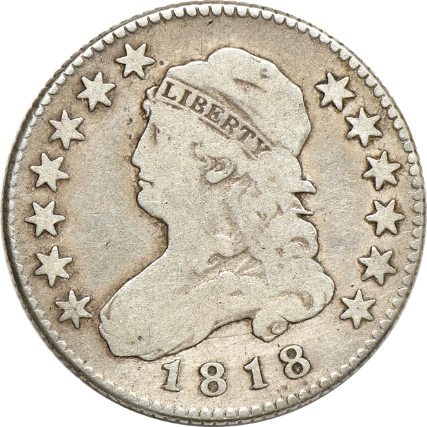 1806 Draped Bust half-dollar F details/repaired, 1818 Capped Bust quarter F details/cleaned, and a 1927 Standing Liberty quarter BU