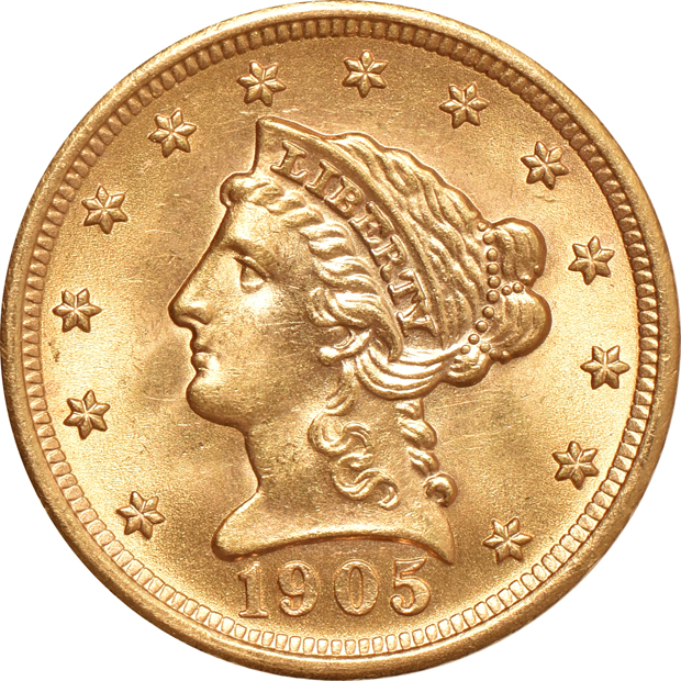 1905 Liberty quarter-eagle CHOICE UNC, and a 1927 Indian quarter-eagle AU details/cleaned