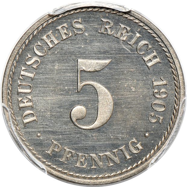 Germany - 1905-A 5 pfennig PR-66CAM, 1923-E 500 mark PR-65CAM, and a 1923-F 500 mark PR-64, all PCGS