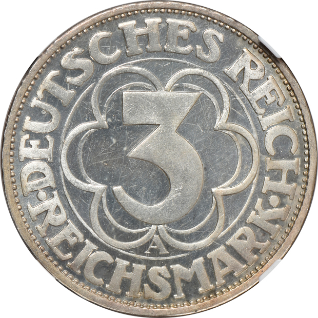 Germany - 1919-A 50 pfennig PCGS PR-66DCAM, and a 1927-A 3 reichsmark NGC PR-64 CAMEO