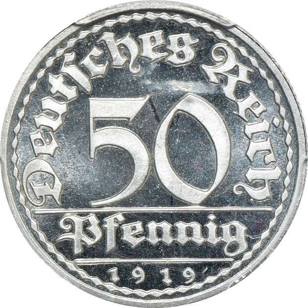 Germany - 1919-A 50 pfennig PCGS PR-66DCAM, and a 1927-A 3 reichsmark NGC PR-64 CAMEO