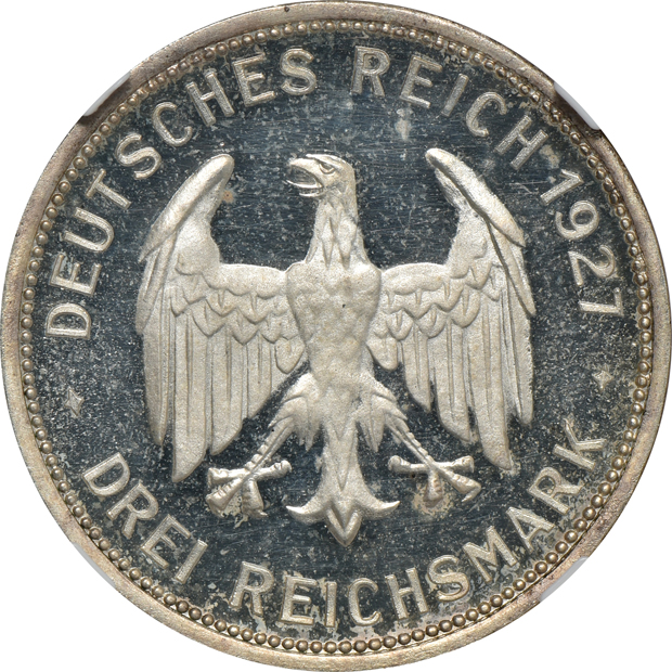 Germany - 1927-F Tubingen University 3 Reichsmark PR-64 ULTRA CAMEO, and a 1934-A Potsdam Church 2 reichsmark PR-63 CAMEO, both NGC
