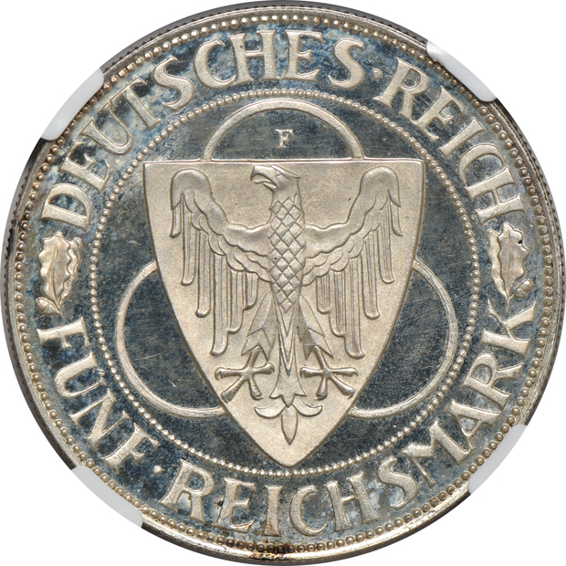 Germany - 1924-E 3 reichsmark PR-63 CAMEO, 1924-F one reichsmark PR-64, and a 1930-F Rhineland Liberation 5 reichmark PR-63 ULTRA CAMEO, all NGC