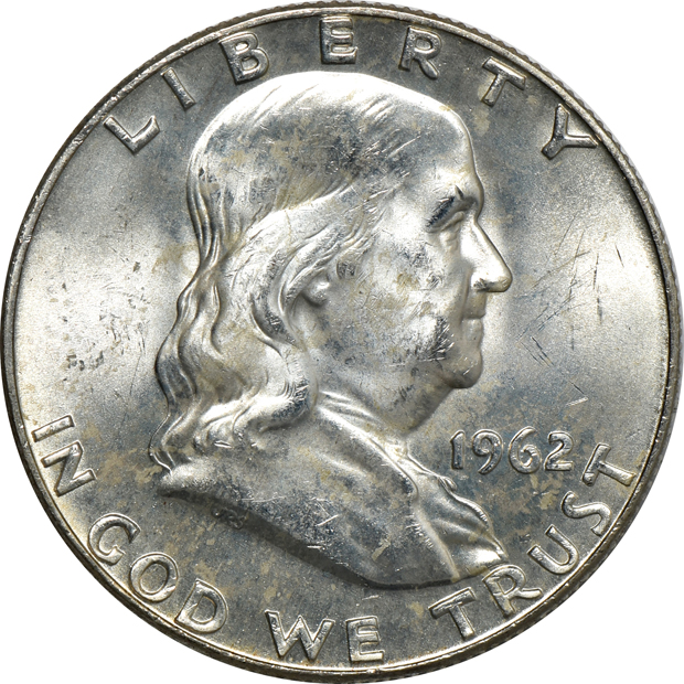 Sixty BU 1962 Franklin half-dollars