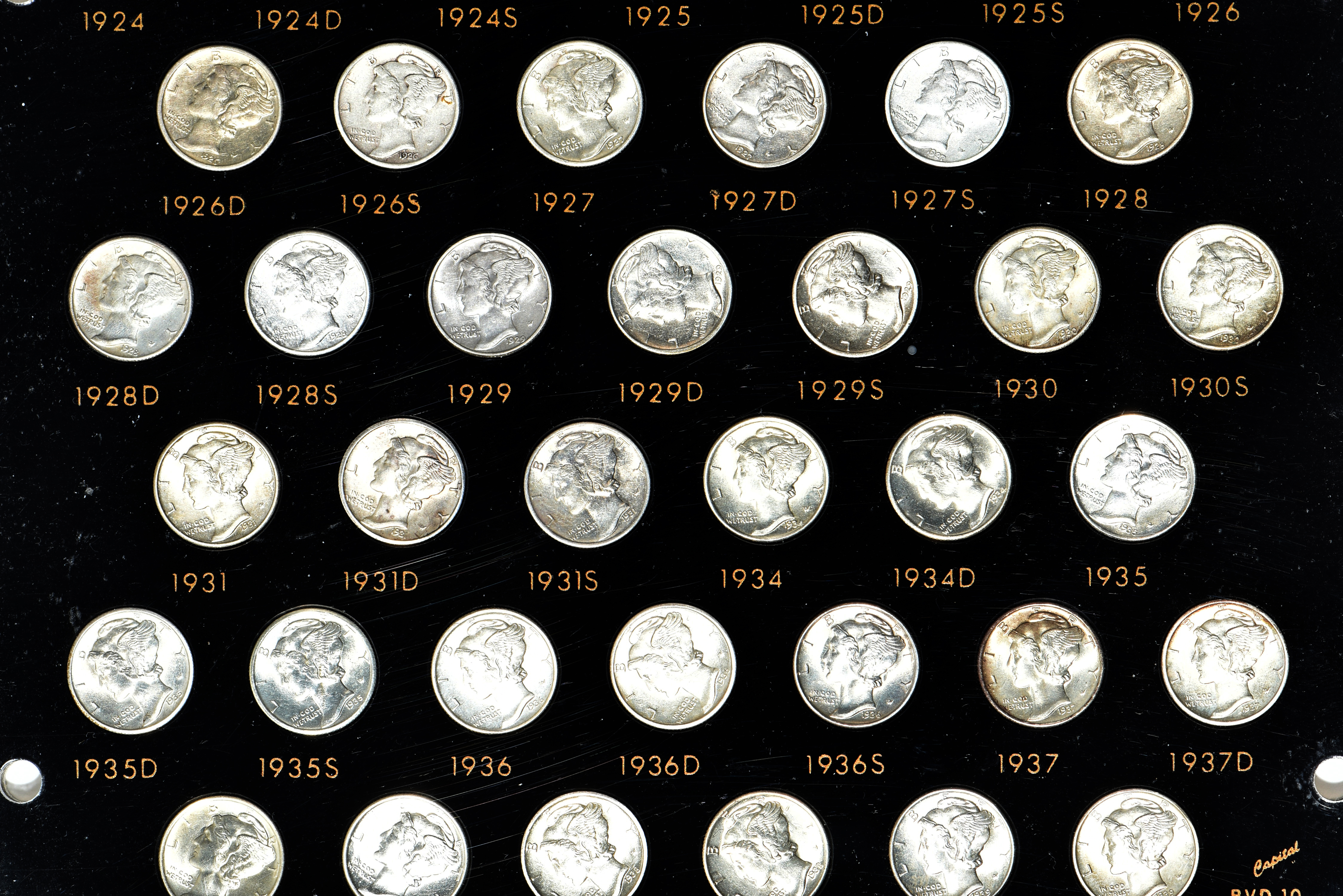 Collection of Mercury dimes, 1916 through 1945-S (no 1942/1 or 1945 micro S) in a Capital Plastics holder