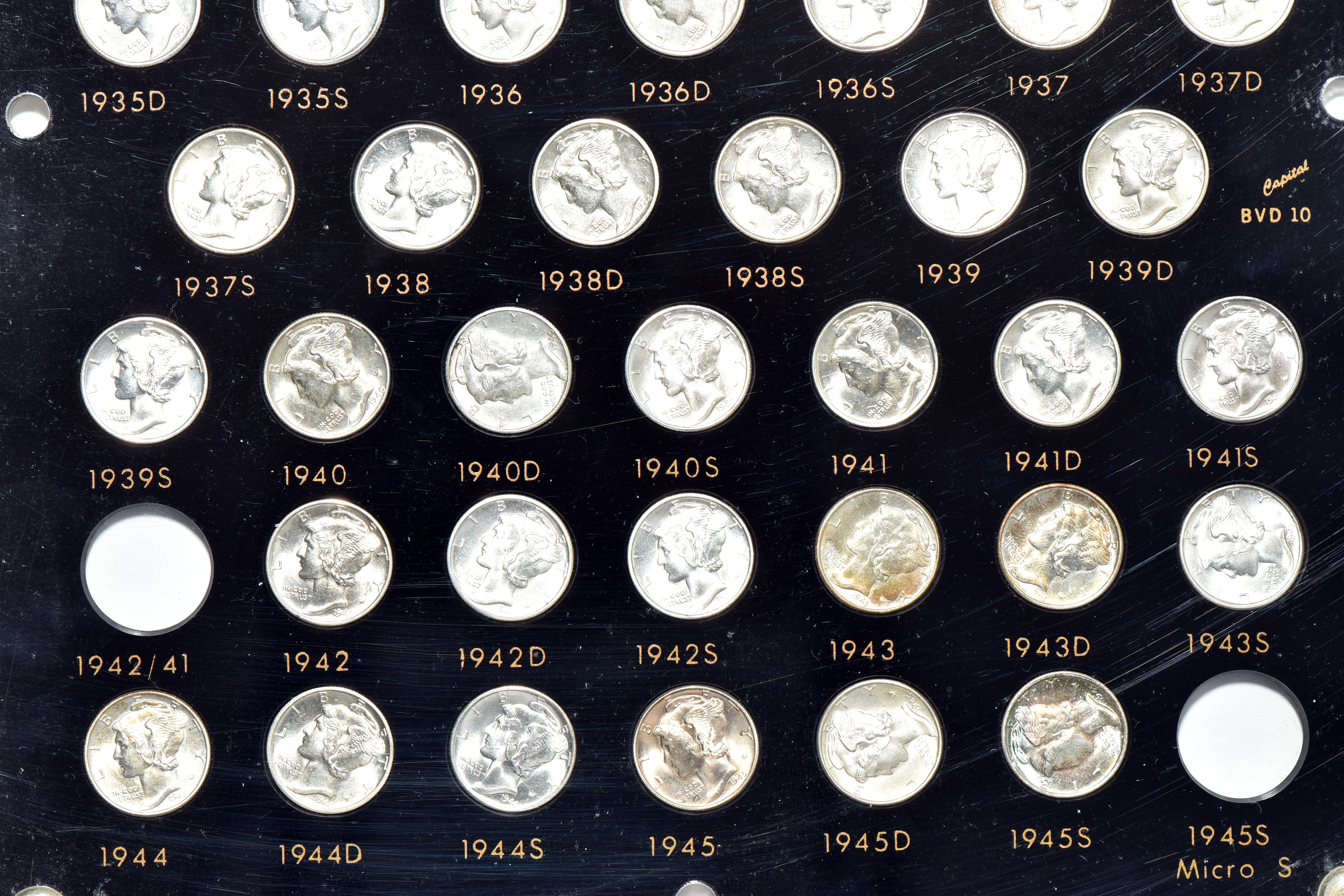 Collection of Mercury dimes, 1916 through 1945-S (no 1942/1 or 1945 micro S) in a Capital Plastics holder