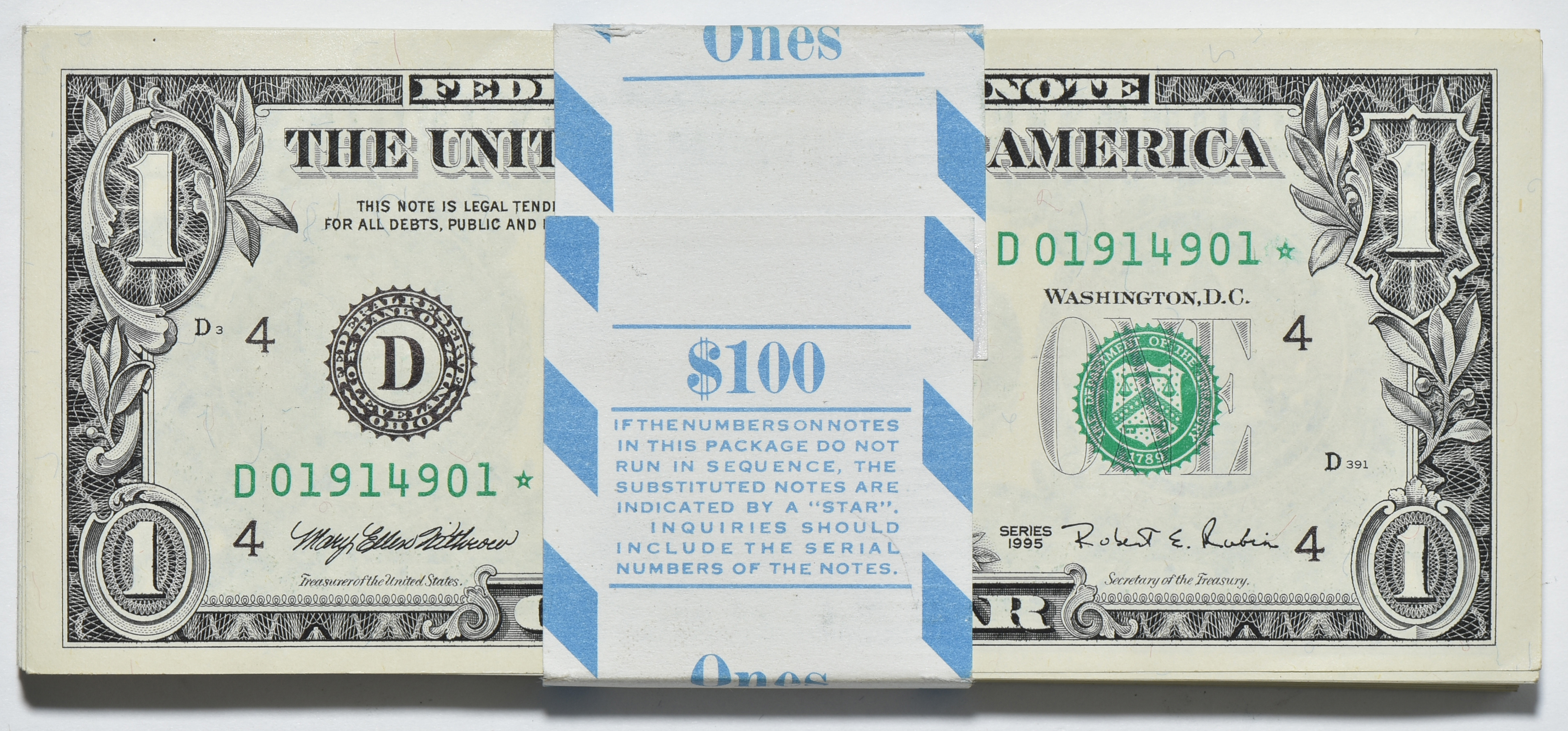 Pack of 1995 $1 Dallas Star Notes, and two packs of 1995 $1 Chicago Star notes, all GemCU