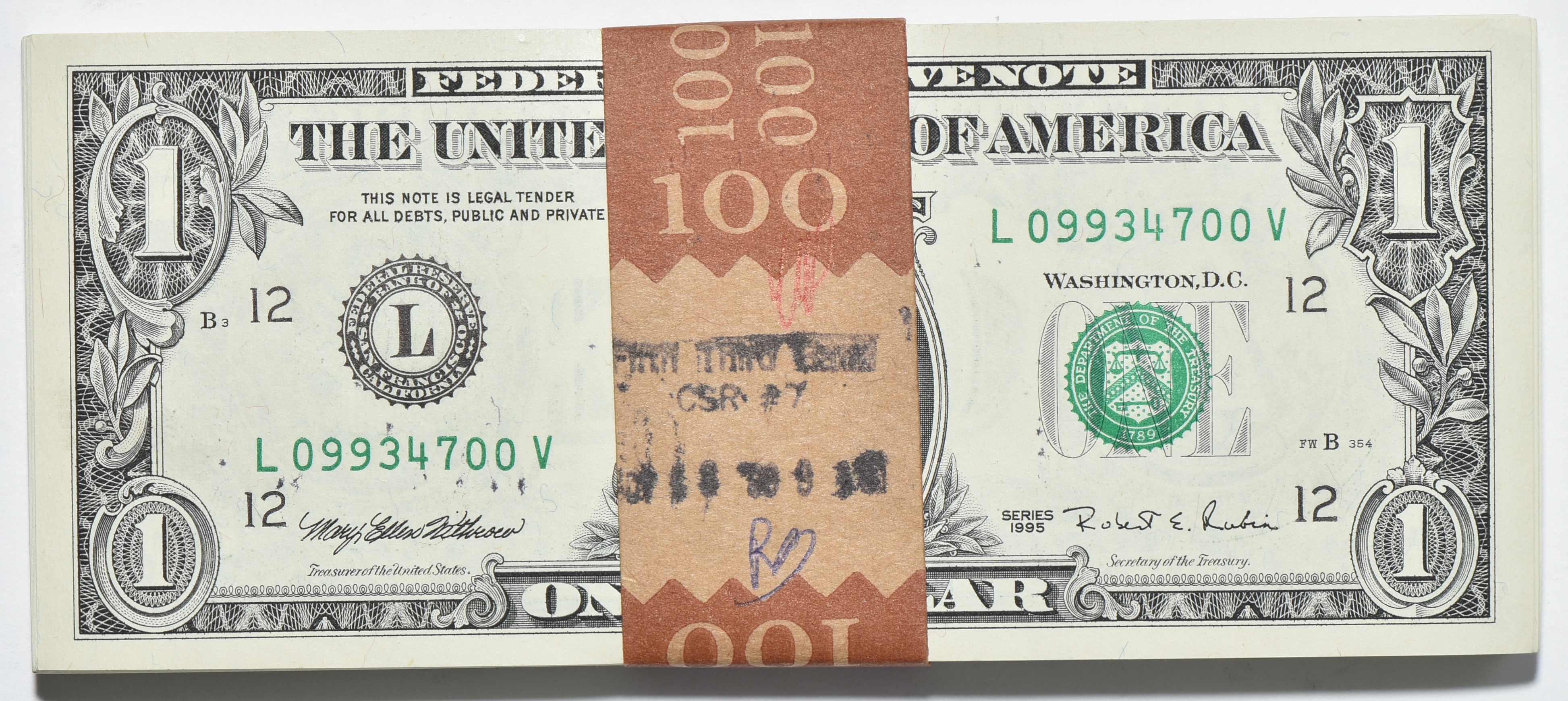 Twenty packs of series 1995 $1 notes