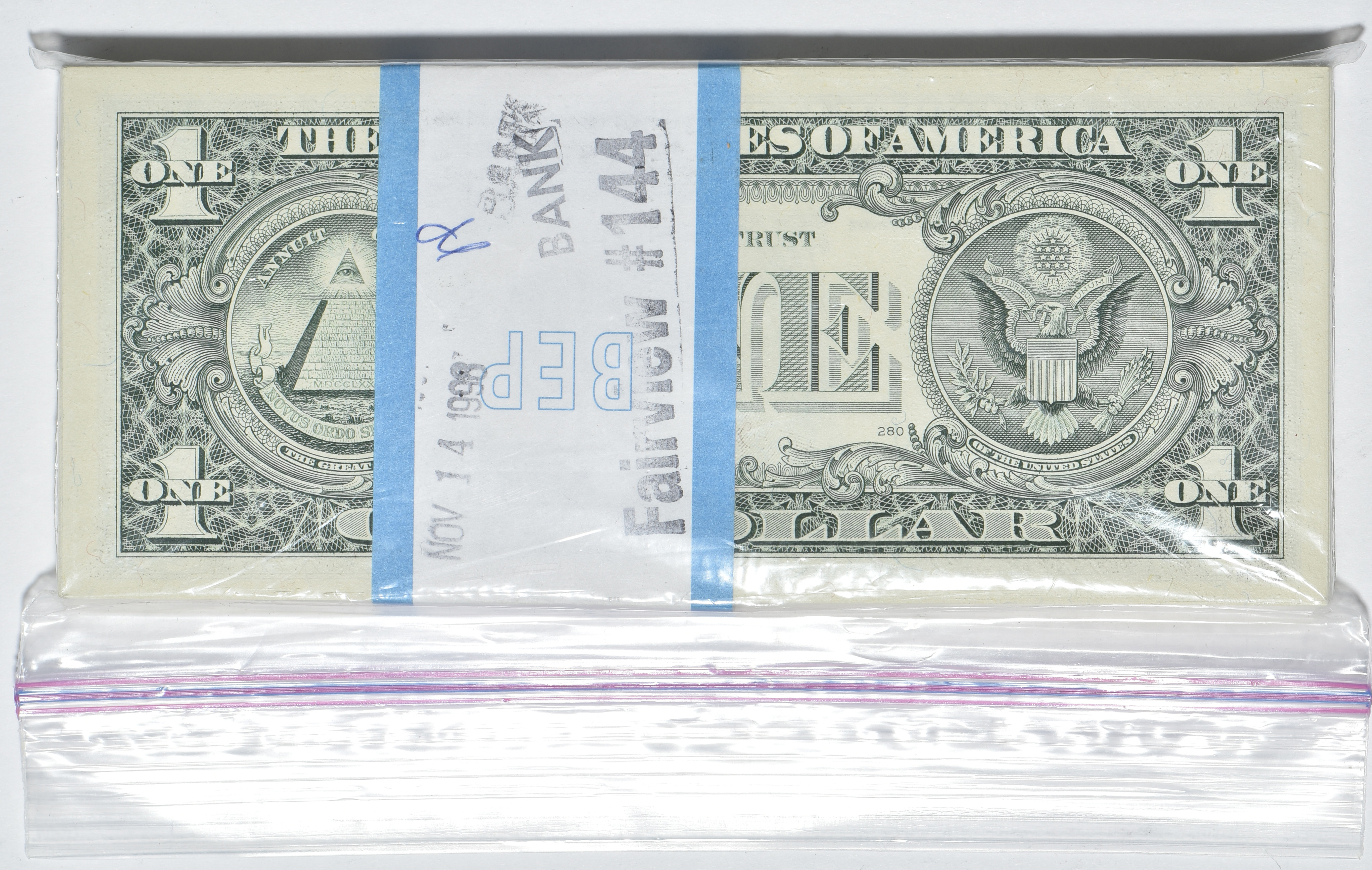 Twenty packs of series 1995 $1 notes